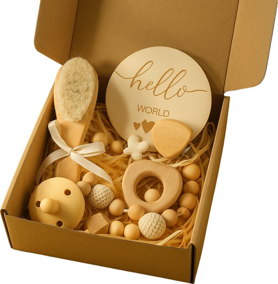 Kraamcadeau newborn – Hello World geschenkset - Vanillecreme