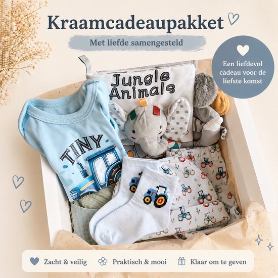 Kraamcadeau pakket - jongen - blauw - trekker - Kraammand - Babycadeau - tractor - Babyshowercadeau - knisperboekje