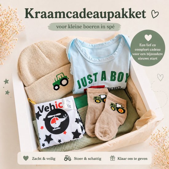 Kraamcadeau pakket - jongen - groen - trekker - Kraammand - Babycadeau - tractor - Babyshowercadeau - romper