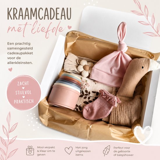 Kraamcadeau pakket - meisje - roze - eend - bloemen - Babyshower cadeau - Kraammand - Babycadeau - stapeltoren