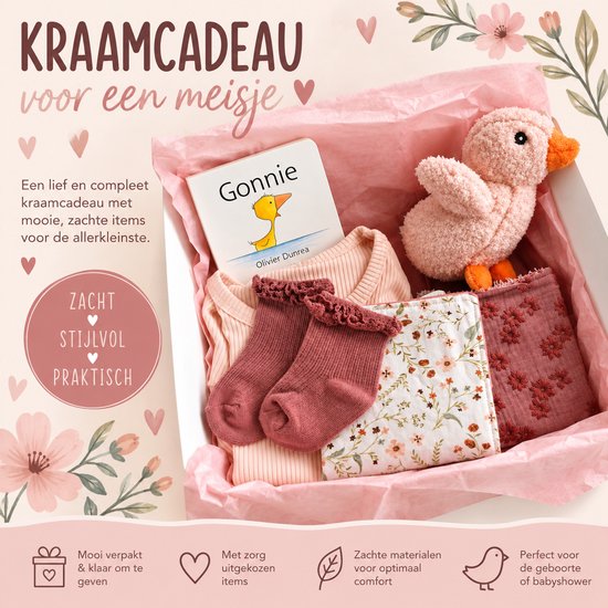 Kraamcadeau pakket - meisje - roze - eend - boekje- Babyshower cadeau - Kraammand - Babycadeau - romper