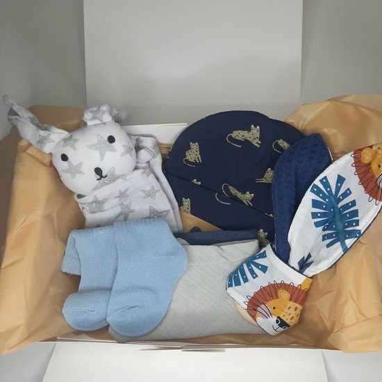 Kraamcadeau pakket - unisex - blauw - 6 delig - bijtring - leeuwtjes - Babyshower cadeau - Kraammand - Babycadeau van Little Dutch