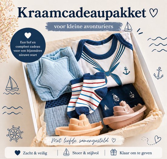 Kraamcadeau pakket - unisex - blauw - matroos - bootjes - Kraammand - Babycadeau - zeilen - Babyshowercadeau - mutsje