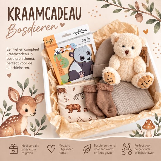Kraamcadeau pakket - unisex - bruin - beertje - bosdieren - Babyshower cadeau - Kraammand - Babycadeau - puzzel