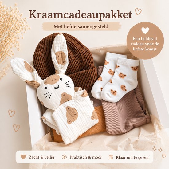 Kraamcadeau pakket - unisex - bruin - beertjes - beige - Babyshower cadeau - Kraammand - Babycadeau - legging van Merkloos