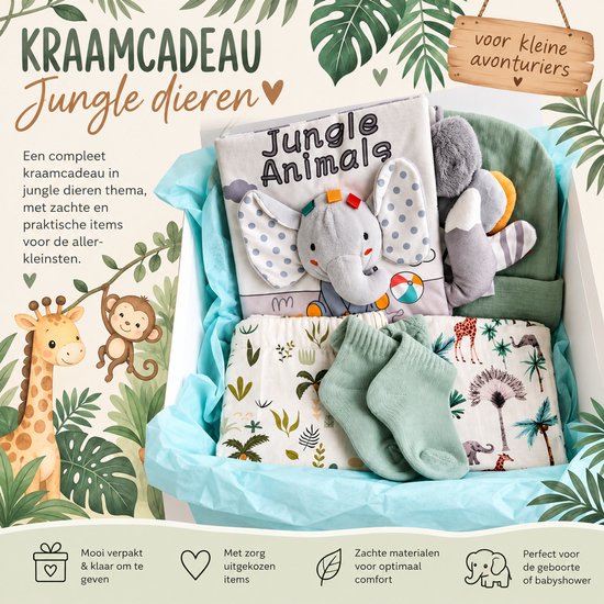 Kraamcadeau pakket - unisex - jungle - dieren - Kraammand - Babycadeau - broekje - Babyshowercadeau - groen