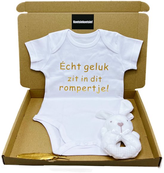 Kraamcadeau romper met rammelaar, unisex, zwangerschapscadeau, kraamcadeau brievenbuspakket, rechtstreeks leveren mogelijk van Maasberg Products