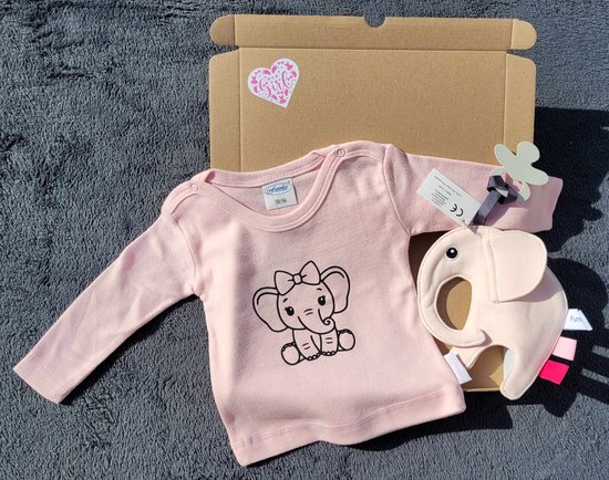 Kraamcadeau -Roze - olifant - shirtje - speendoekje - maat 50/56