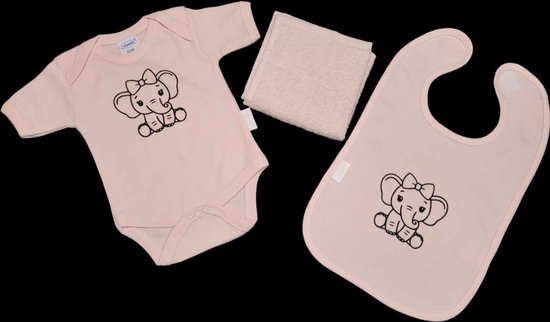 Kraamcadeau -roze - olifant - slab - spuugdoek - romper - maat 50/56. van Puckababy