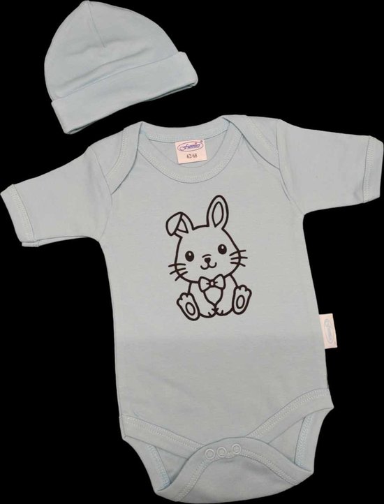 Kraamcadeau - Setje - Romper en muts - konijn - maat 50/56 - blauw van Pip & Pomme