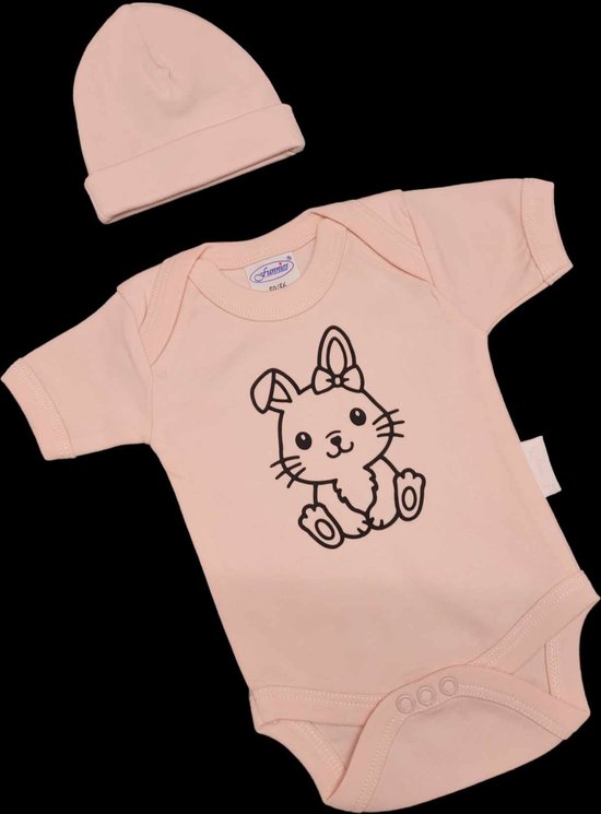 Kraamcadeau - Setje - Romper en muts - konijn - maat 50/56 - roze van BamBam