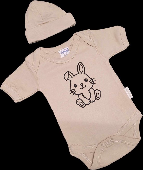 Kraamcadeau - Setje - Romper en muts - konijn - maat 62/68 - zand van Pimsa