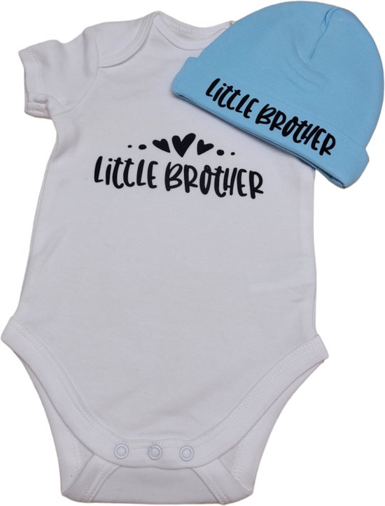 Kraamcadeau - Setje - Romper en muts - Little brother - maat 62 - bedrukt van VLINDERDOEKJES