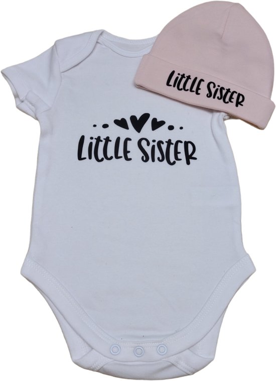 Kraamcadeau - Setje - Romper en muts - Little sister - maat 56 - bedrukt van Schoentjes enzo