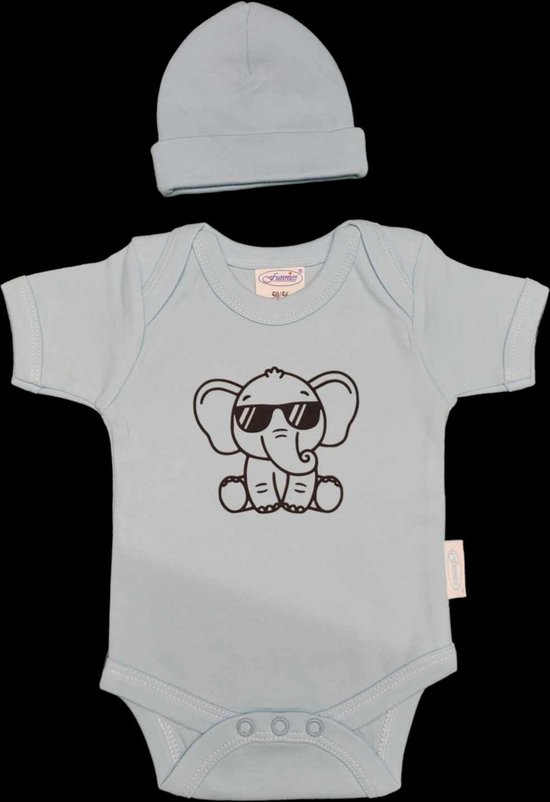 Kraamcadeau - Setje - Romper en muts - olifant - maat 50/56 - blauw van Funnies.