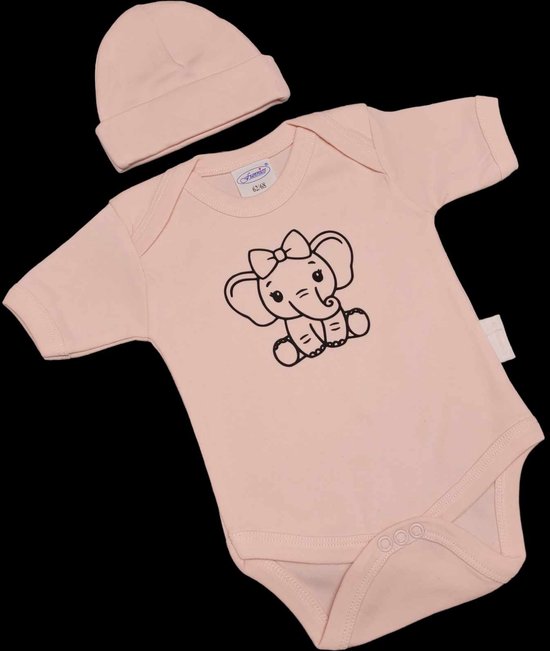Kraamcadeau - Setje - Romper en muts - olifant - maat 50/56 - roze van Funnies.