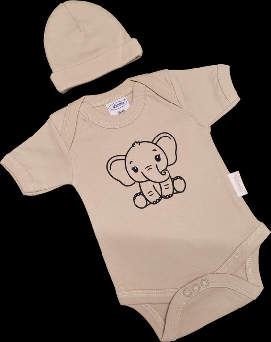 Kraamcadeau - Setje - Romper en muts - olifant - maat 50/56 - zand van Little Dutch