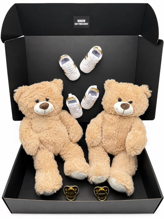 Kraamcadeau tweeling met beren, goudkleurige speen en babyschoentjes