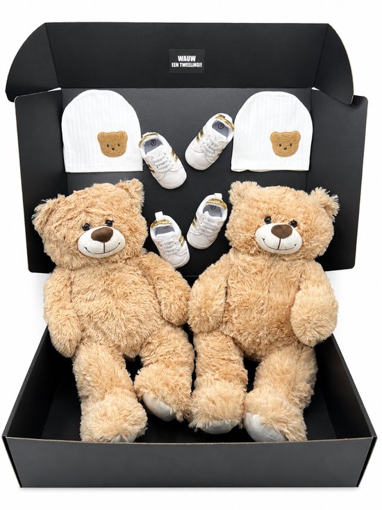 Kraamcadeau tweeling met teddyberen, babyschoentjes en muts - kan ook rechtstreeks worden geleverd