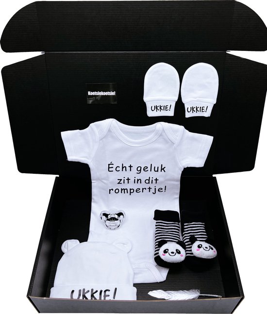Kraamcadeau UKKIE - unisex  - romper - babysokjes - baby mutsje - speen -kan ook rechtstreeks worden verstuurd van Ukkies Cadeau