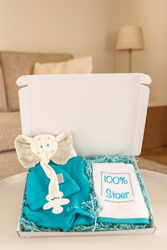 Kraamcadeau voor Jongen of meisje - Babyshower Cadeau & Gender Reveal Gift Box - Baby Cadeau Set - Mutsje, slap stoer, romper/body & Tutpop oliefant van Zippy.