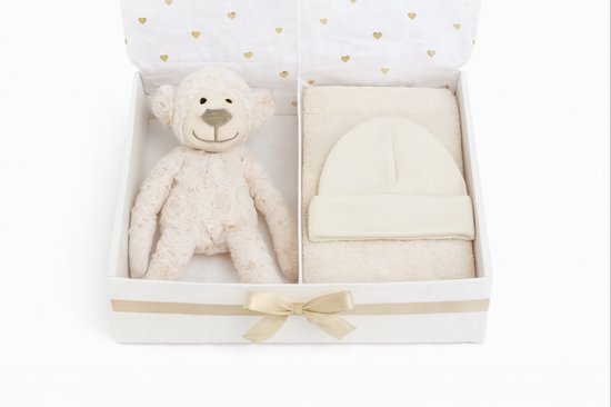 Kraamcadeau voor Jongen of meisje UNISEX– Babyshower Cadeau & Gender Reveal Gift Box – Baby Cadeau Set - Mutsje, Slab, Knuffel slinger hang aapje beige van Merkloos