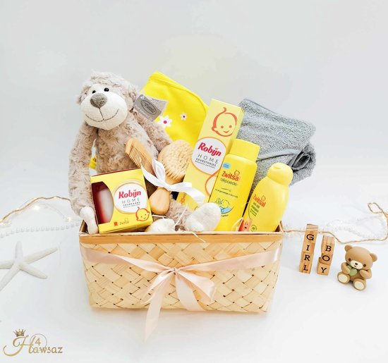 Kraamcadeau voor Meisje en Jongen 10 stuks - Hawsaz.nl Cadeau - Genderneutraal kraamcadeau - Geschenkset unisex - Babygeschenkset - Babyshower - Knuffel - Gepersonaliseerde cadeaus - Geurkaars - Geurstokjes - Zwitsal Babyverzorging - tweeling van Hawsaz.nl