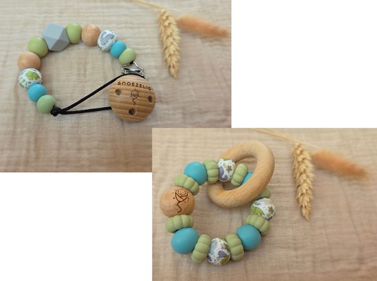 Kraamcadeaupakket - speenkoord & bijtring met naam - print dino - gepersonaliseerd - handgemaakt - NEN12586 & EN-71 getest en gecertificeerd - kraamcadeau - Snoezelig van Merkloos