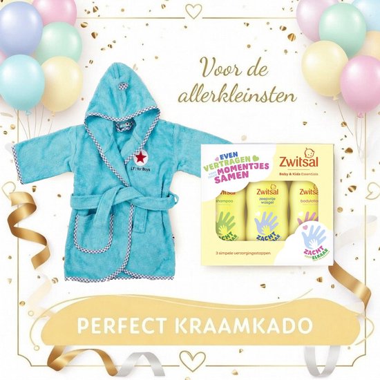 Kraamkado-Baby badjasje van Lief! -turqoise- 0-12 maanden en Zwitsal Baby & Kids Essentials van Merkloos