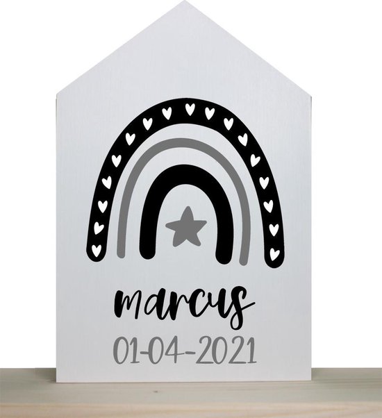 Kraamkado huisje met naam rainbow - Geboortebord met naam - Gepersonaliseerd kraamcadeau - Babykamerdecoratie - Babycadeau - Kraamkado - Kraamkado jongen/meisje - Babykado - Babykamer poster - Geboortedecoratie - Wanddecoratie babykamer - Geboorte van Merkloos
