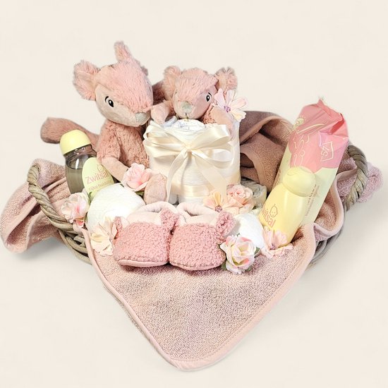 Kraammand Baby Cadeaupakket – Jollein Badcape, Zwitsal Verzorging, 29 Pampers Premium Protection Maat 2, Babyslofjes & Rieten Mand van Merkloos