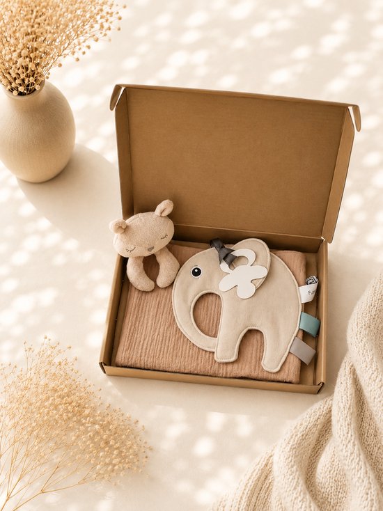 Kraampakket baby Beige – Speenkoord 100% Katoen & Hydrofiele Knuffeldoek – Baby Cadeauset – babyshower – kraampakket – neutraal – baby meisje – baby jongen – Gouden Geschenkverpakking – Brievenbus Cadeau