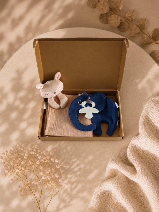 Kraampakket baby blauw - Speenkoord 100% Katoen & beige Hydrofiele Knuffeldoek - Baby Cadeauset - babyshower - kraampakket - baby jongen - Gouden Geschenkverpakking - Brievenbus Cadeau van Kraampakket