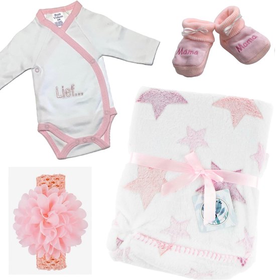 Kraampakket / Baby cadeauset - 4 delig - Dekentje + Romper + Slofjes + Haarband - Roze - MAMA - Maat 56
