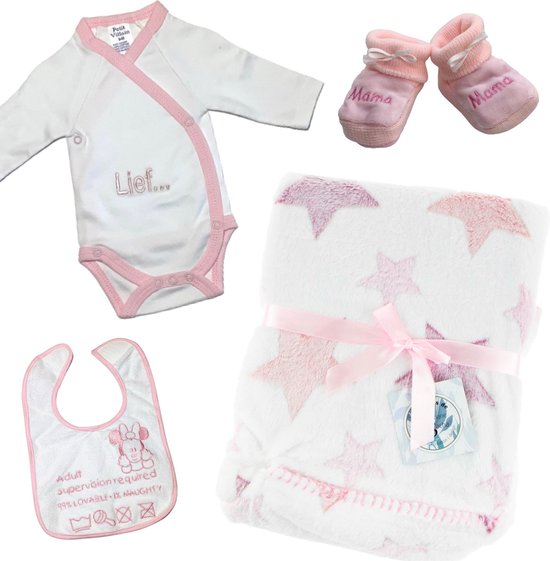 Kraampakket / Baby cadeauset - 4 delig - Dekentje + Romper + Slofjes + Slab - Roze - MAMA - Maat 56 van Merkloos