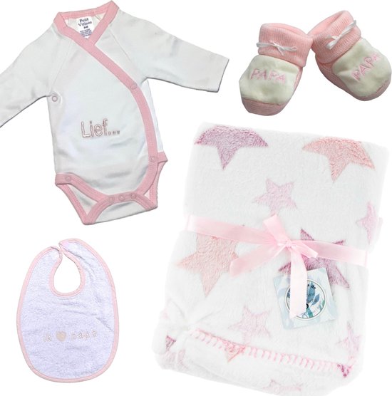 Kraampakket / Baby cadeauset - 4 delig - Dekentje + Romper + Slofjes + Slab - Roze - PAPA - Maat 56 van Proficiat!