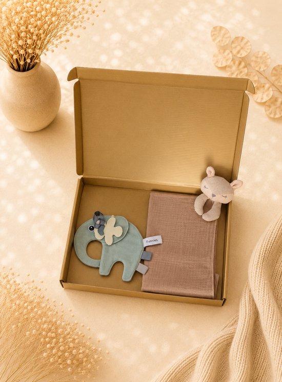 Kraampakket baby groen – Speenkoord 100% Katoen & beige Hydrofiele Knuffeldoek – Baby Cadeauset – babyshower – kraampakket – neutraal – baby meisje – baby jongen – Gouden Geschenkverpakking – Brievenbus Cadeau