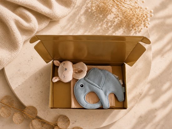 Kraampakket baby lichtblauw – Speenkoord 100% Katoen & beige Hydrofiele Knuffeldoek – Baby Cadeauset – babyshower – kraampakket – baby jongen – Gouden Geschenkverpakking – Brievenbus Cadeau