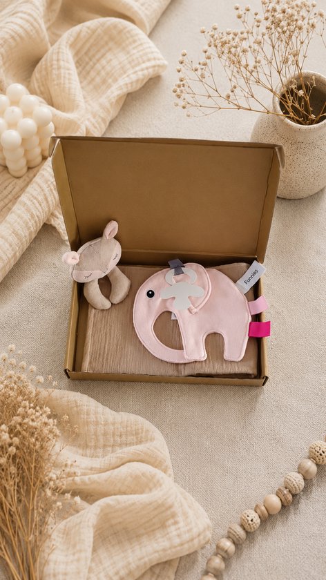 Kraampakket baby lichtroze – Speenkoord 100% Katoen & beige Hydrofiele Knuffeldoek – Baby Cadeauset – babyshower – kraampakket – baby meisje – Gouden Geschenkverpakking – Brievenbus Cadeau