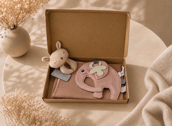 Kraampakket baby roze – Speenkoord 100% Katoen & beige Hydrofiele Knuffeldoek – Baby Cadeauset – babyshower – kraampakket – baby meisje – Gouden Geschenkverpakking – Brievenbus Cadeau