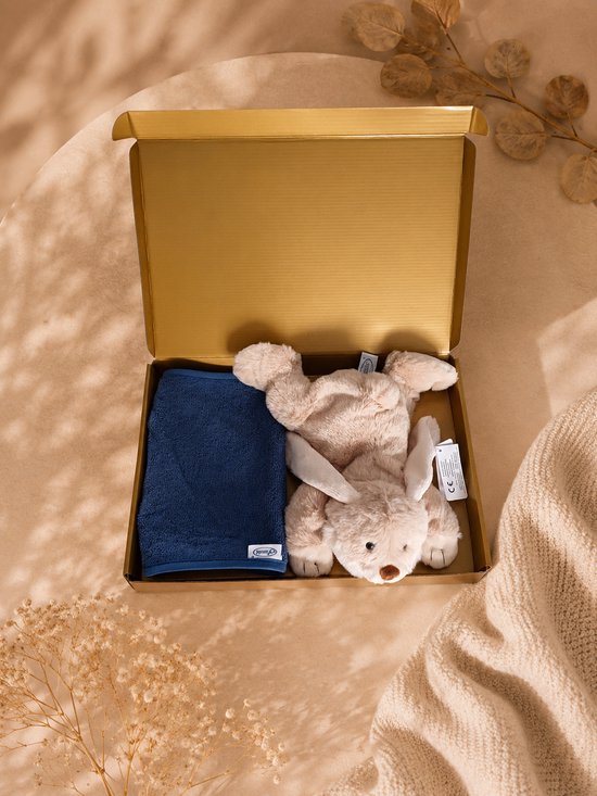 Kraampakket Beige / blauw – Knuffel Konijn & Slab 100% Katoen – Baby Cadeauset – babyshower – baby jongen – Gouden Geschenkverpakking – Brievenbus Kraamcadeau