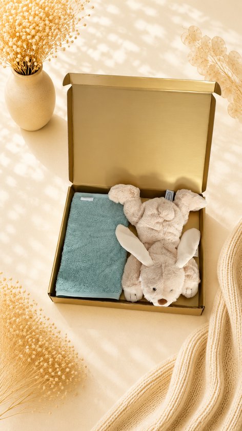 Kraampakket Beige / groen – Knuffel Konijn & Slab 100% Katoen – Baby Cadeauset – babyshower – neutraal – jongen – meisje – Gouden Geschenkverpakking – Brievenbus Kraamcadeau