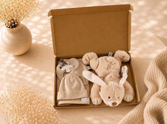 Kraampakket beige – knuffel konijn, Baby speenkoord, muts & Slab – neutraal kraamcadeau – baby meisje / jongen – babyshower – Luxe Gouden Geschenkverpakking – Brievenbus Kraamcadeau