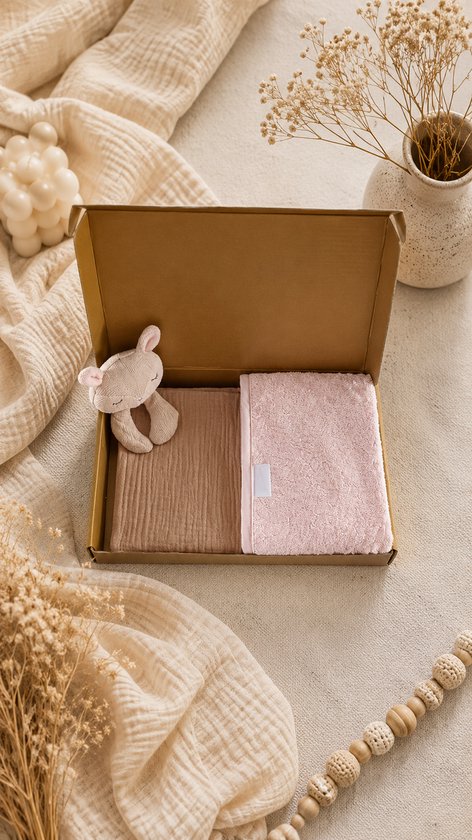 Kraampakket Beige / lichtroze – Hydrofiele Knuffeldoek & Slab 100% Katoen – Baby Cadeauset – babyshower – baby meisje – Gouden Geschenkverpakking – Brievenbus Kraamcadeau