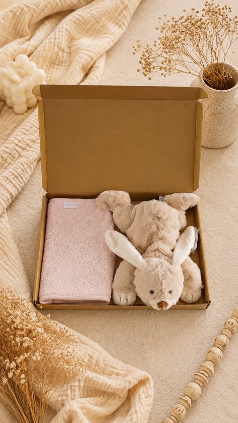 Kraampakket Beige / lichtroze – Knuffel Konijn & Slab 100% Katoen – Baby Cadeauset – babyshower – baby meisje – Gouden Geschenkverpakking – Brievenbus Kraamcadeau