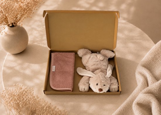 Kraampakket Beige / roze – Knuffel Konijn & Slab 100% Katoen – Baby Cadeauset – babyshower – baby meisje – Gouden Geschenkverpakking – Brievenbus Kraamcadeau
