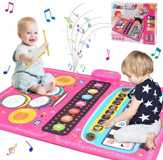 Kraftverdia - 3 in 1 Muziekmat - Kinderspeelgoed 1 2 3 Jaar - Dansmat - Pianomat - touch speelkleed - Pianoklavier & Drumset met 2 Drumstokken - Cadeau Vroeg Educatief Muzikaal Leerspeelgoed - meisjes en jongens - Babyspeelgoed - Roze van Kraftverdia™