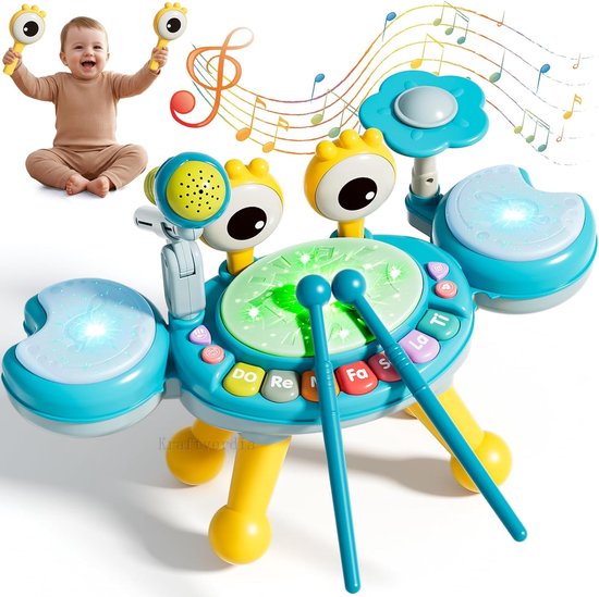 Kraftverdia - 4-in-1 Drum & Zing voor Baby en Peuter - Interactief Speelgoed - Educatief Baby Speelgoed - Met Jazz drums, elektronisch keyboard, microfoon, fluitje - Met lichteffecten en Geluid - Cadeau - Baby Muziek Instrument 6 maanden + - Blauw van Merkloos