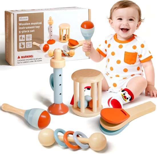 Kraftverdia - 5-delige Montessori speelgoedset - Geschikt voor baby's van 3, 6 en 9 maanden - Baby muzikaal speelgoed - Sensorische trainingsspeelgoed - Houten speelgoed voor baby's vanaf 1 jaar - Baby leerspeelgoed van Merkloos
