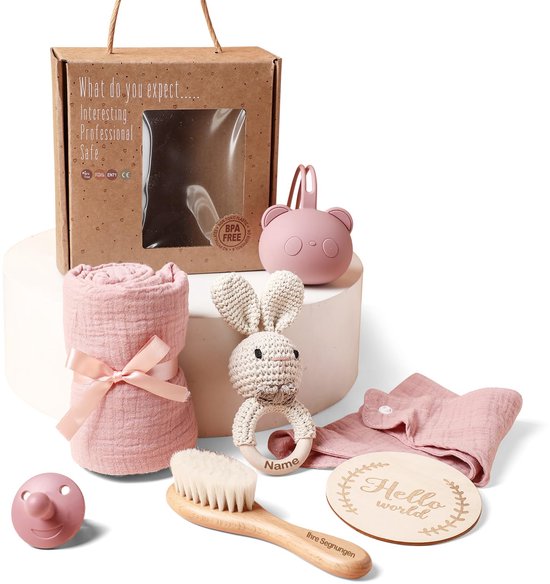 Kraftverdia Baby Cadeauset Kraamcadeau – Bijtring, Speenkoord & Knuffeldoekje – Baby Bunny Thema – 7-Delige Set van Merkloos